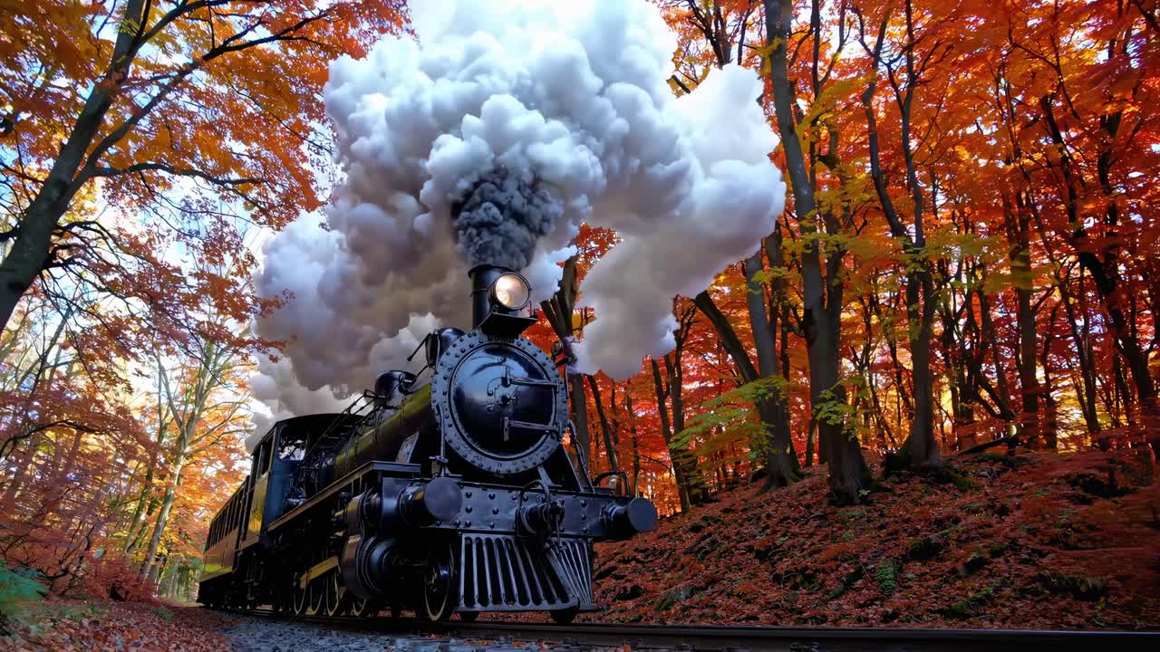 A vintage steam train travels through a vibrant autumn forest