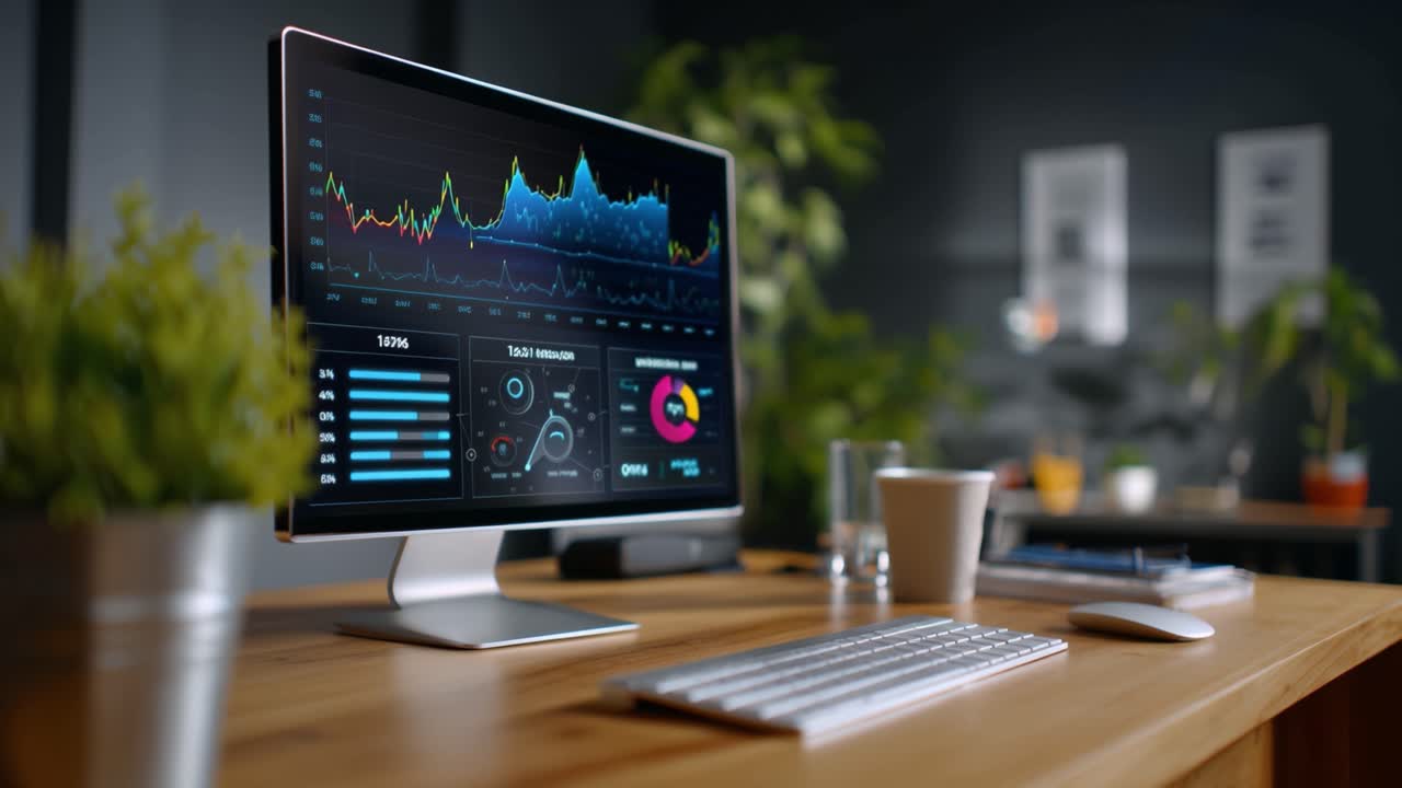 Modern workspace with a sleek computer monitor displaying colorful analytics and graphs, highlighting data trends in a contemporary office environment