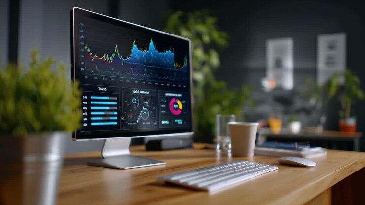 Modern workspace with a sleek computer monitor displaying colorful analytics and graphs, highlighting data trends in a contemporary office environment