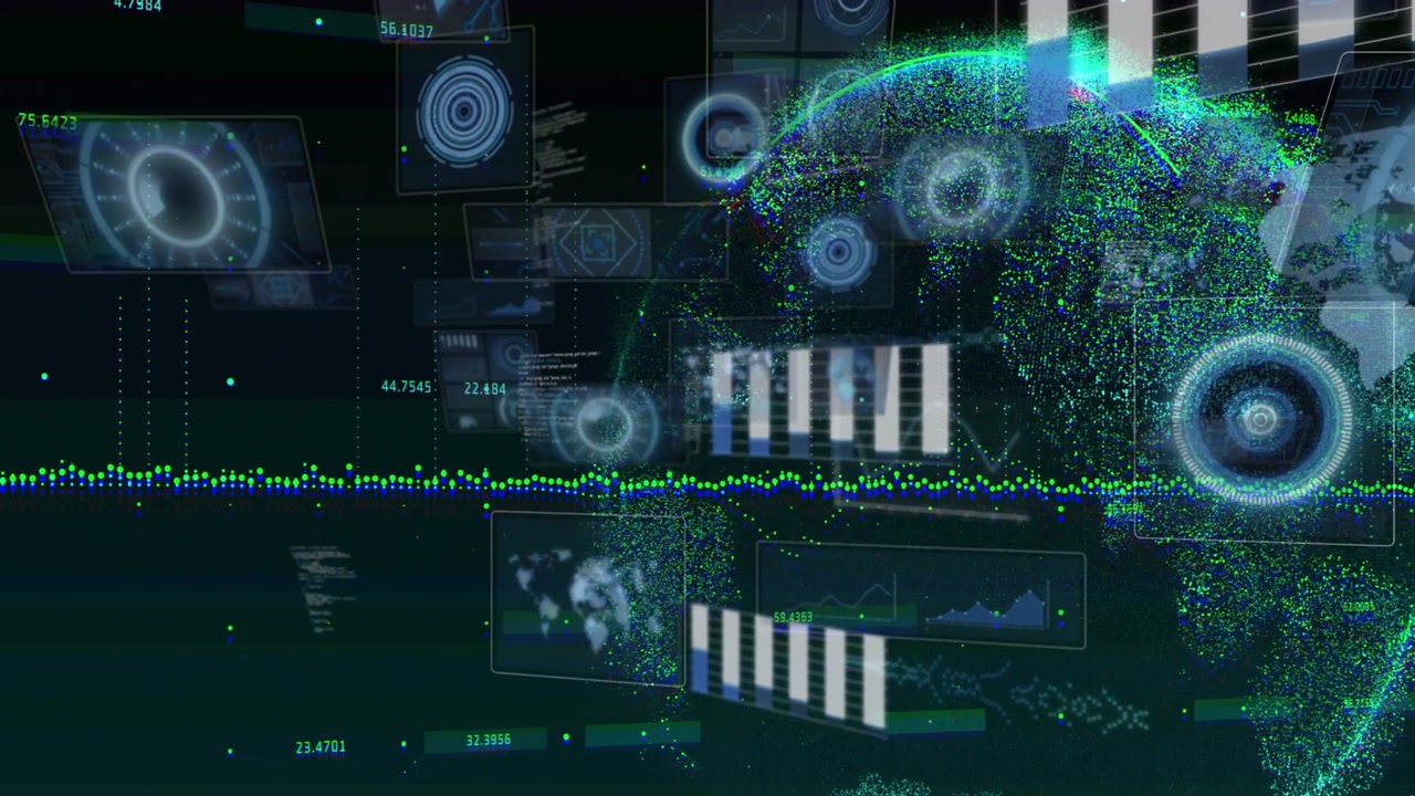 Data pulse pushing dot globe emerging right while HUD panels sliding and bars shifting showing data