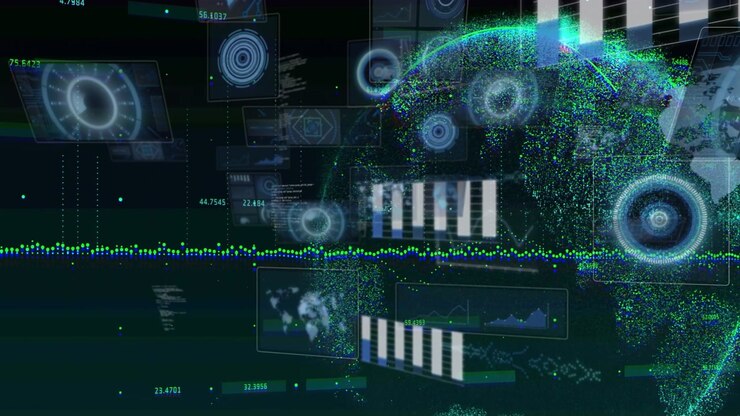 Data pulse pushing dot globe emerging right while HUD panels sliding and bars shifting showing data