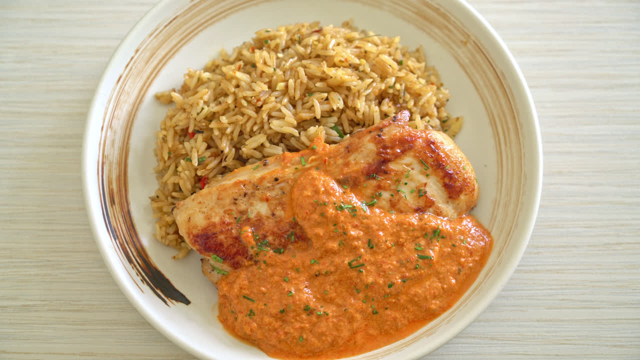 bistecca di pollo alla griglia con salsa al curry rosso e riso - stile cibo musulmano