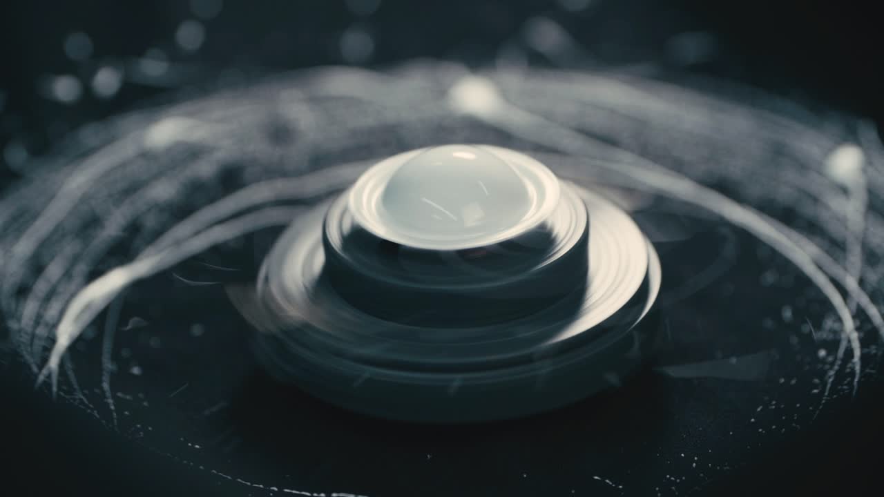 Speaker component spins as white adhesive spreads evenly from the nozzle, showing an industrial assembly process of a speaker driver in motion