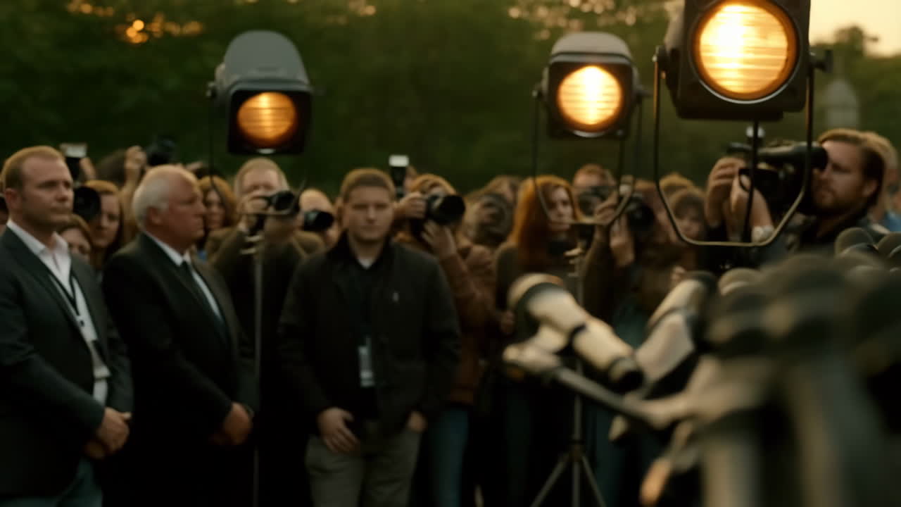 Press Conference: Close-up on Microphones with Blurry Crowd and Lights