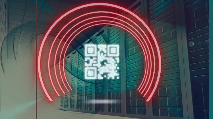 Animation of neon qr code scanner and round scanners against computer server room