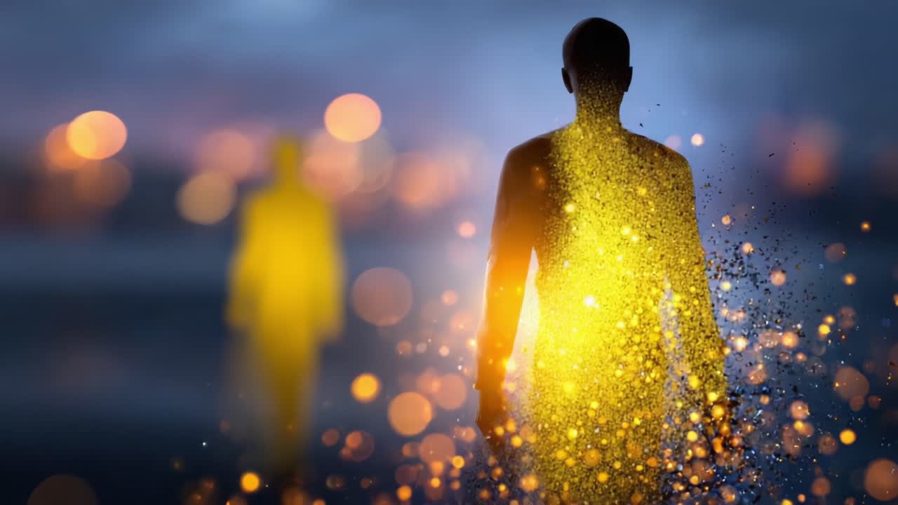 Ethereal Figures in Motion: Two Silhouetted Forms Transitioning with a Burst of Light and Particles Against a Dreamy, Defocused Background