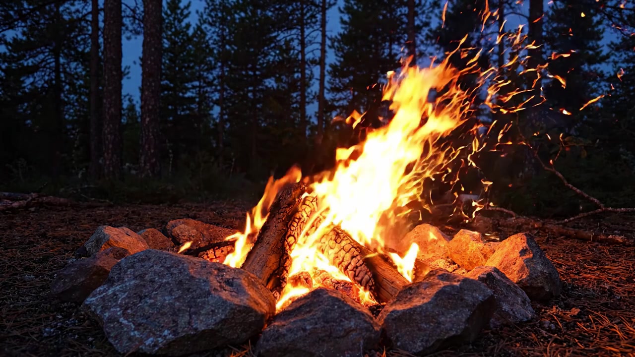 Un falò affascinante in una foresta serena: il calore, il bagliore e le fiamme tremolanti creano un'atmosfera rilassante sotto il cielo stellato.