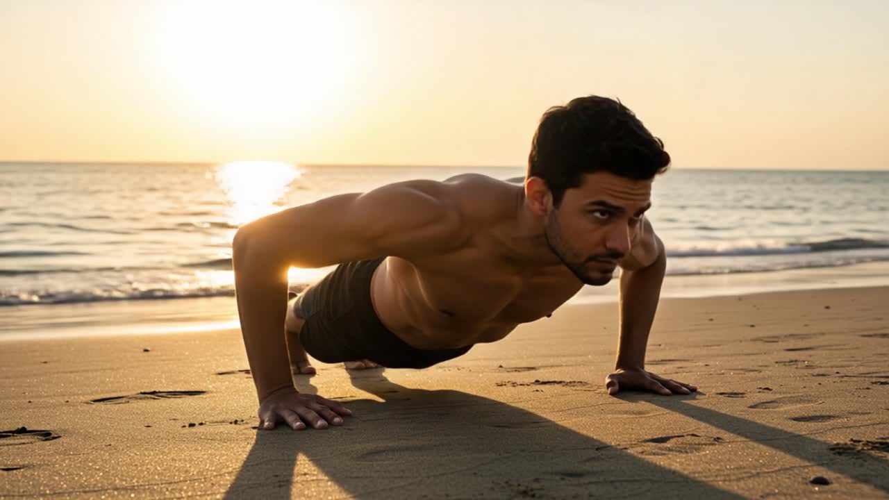 Sunset Workout: A Strong Man Performs Push-Ups on the Beach to Enhance Fitness and Embrace Nature's Beauty