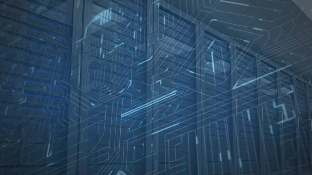 Server racks and glowing circuit board