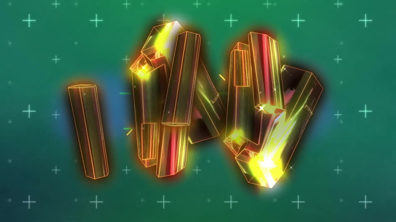 Animation of network of connections with crystals over green background