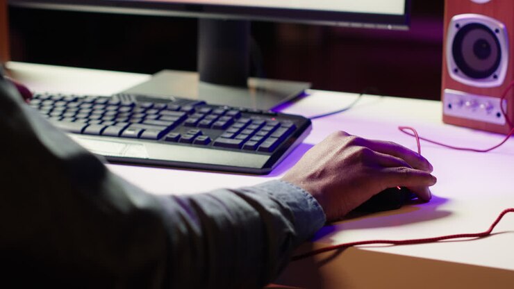 Keyboard and mouse used by gamer competing in online multiplayer videogame