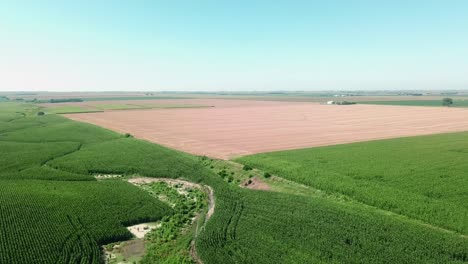 Luftdrohnenansicht-Eines-Grünen,-Gesunden-Maisfeldes-Und-Eines-Geernteten-Weizenfeldes-Im-Spätsommer-In-Nebraska,-Vereinigte-Staaten