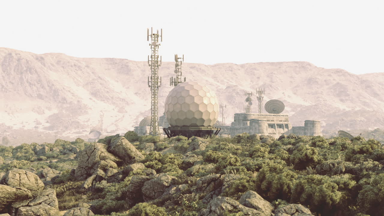 Cultural desert landscape featuring domed mosque and rocky terrain