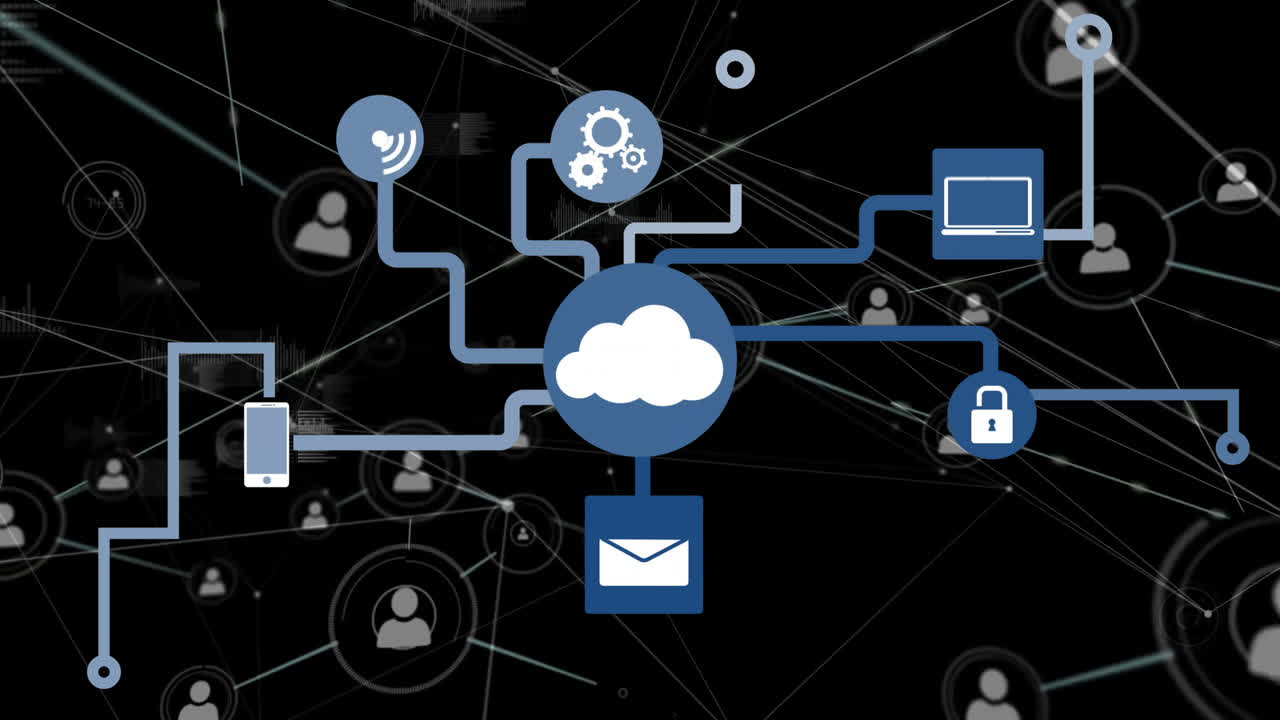 Digital animation showing cloud computing with connected devices and data icons