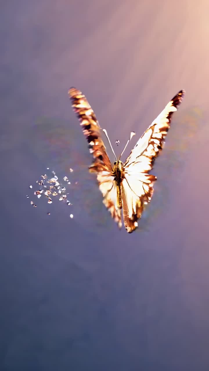 Fermo immagine ravvicinato di una farfalla dorata in volo, ripresa da un'angolazione laterale, con una luce soffusa