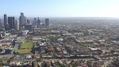 Aerial,-cityscape-of-the-Los-Angeles,-California,-drone-view