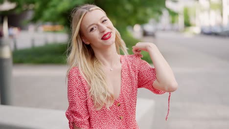 happy woman in red dress