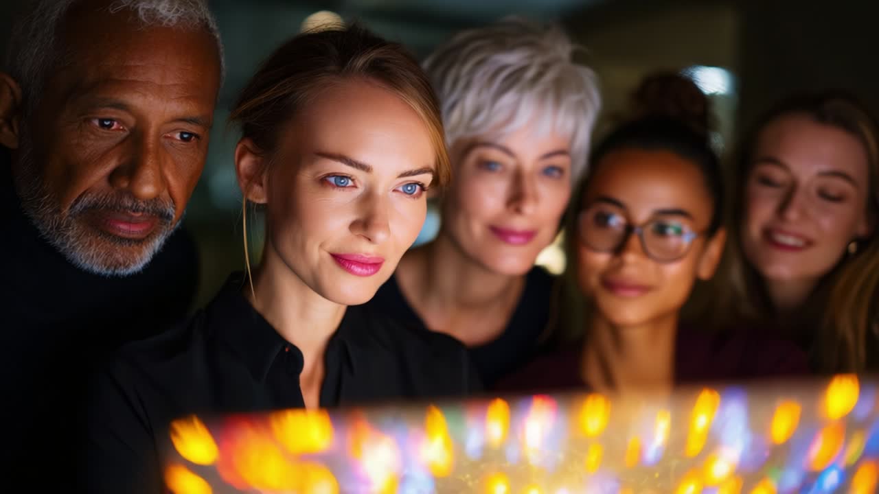 En gruppe af forskellige personer engageret i en samarbejdsaktivitet, der analyserer visuelle elementer på en skærm med lyse farver og mønstre, der understreger entusiasme og teamwork i et moderne miljø