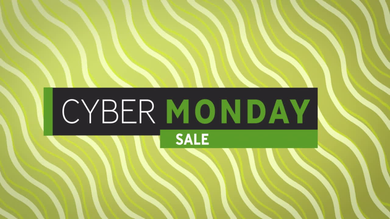 Animatie van Cyber Monday sale tekst over groene achtergrond met golfpatroon