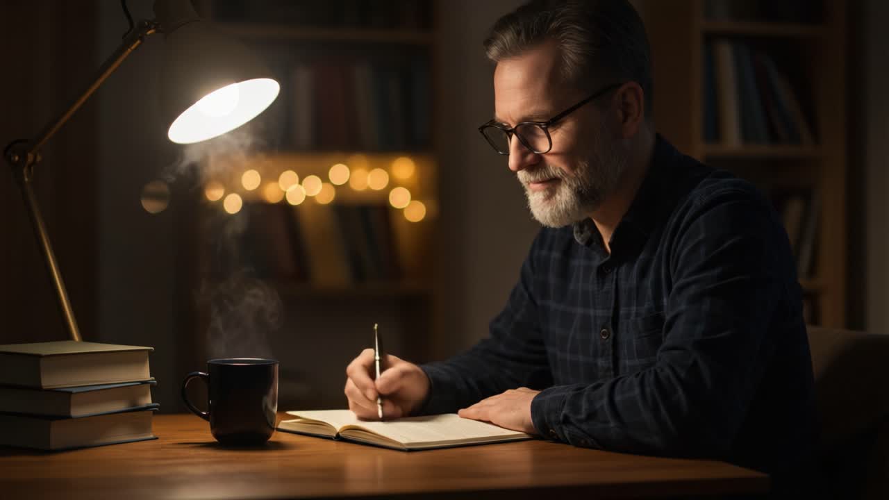 A Thoughtful Evening: A Man Writing in His Journal Under Soft Lighting with a Mug by His Side