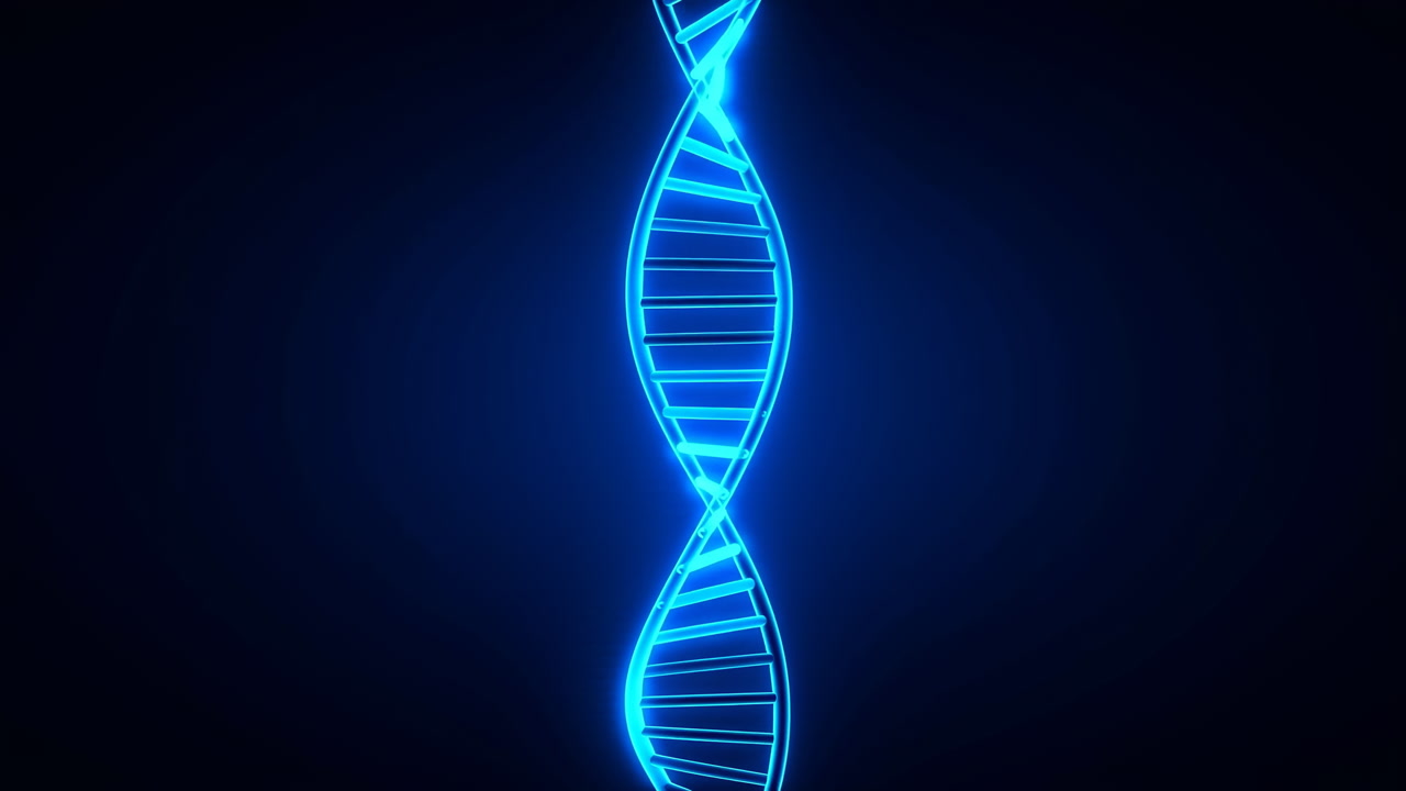 Glowing Blue Dna Helix Centered, Pulsating Neon Strands Against Dark Gradient Background, Slow Rotation