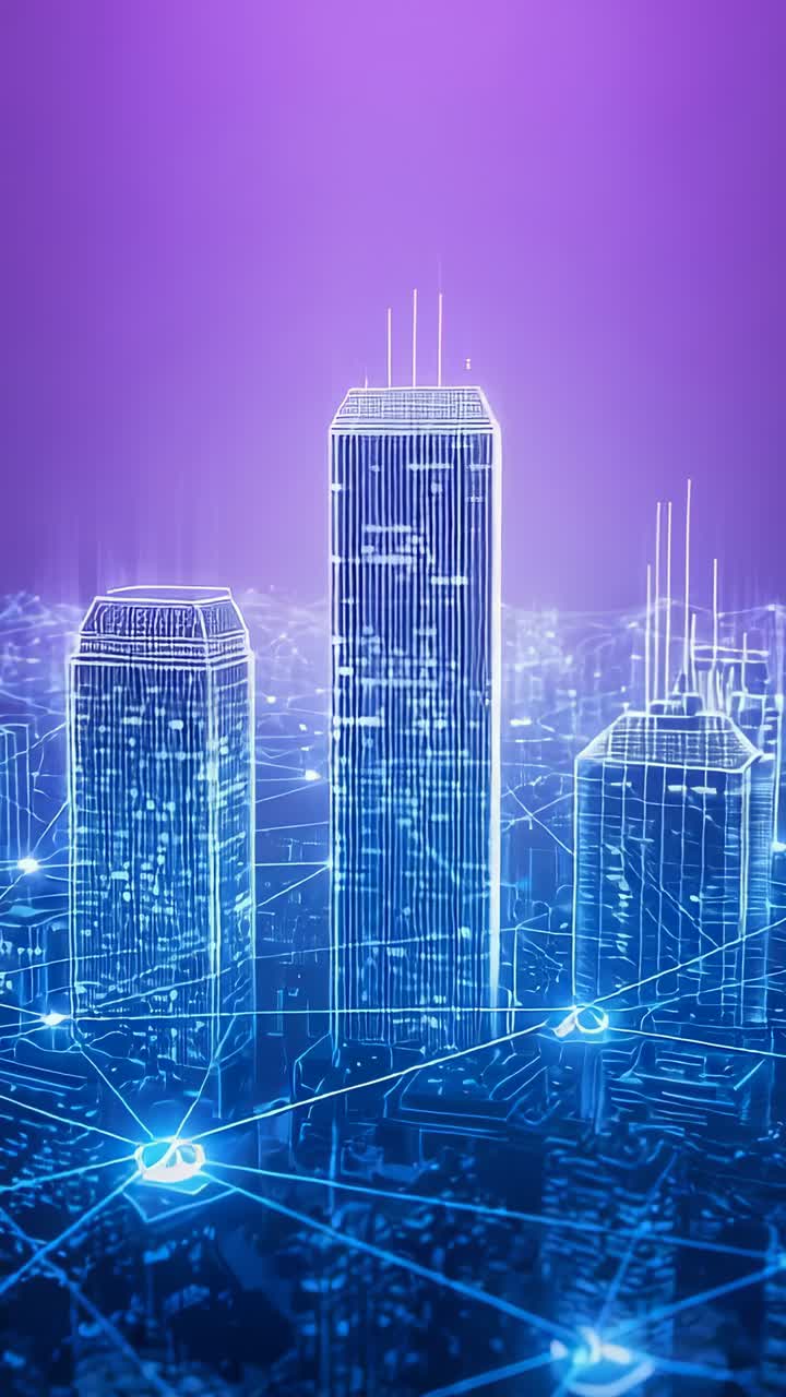 Vertical video: Activating neon grid powering wireframe towers via data streams in digital network