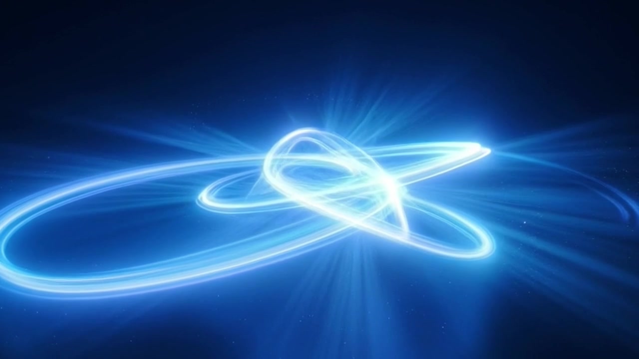 Abstract Blue Light Trails Forming Glowing Orbits on Dark Background