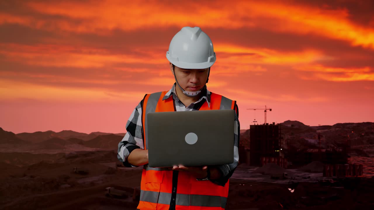 trabalhador da construção trabalhando em laptop no local de construção durante o pôr do sol