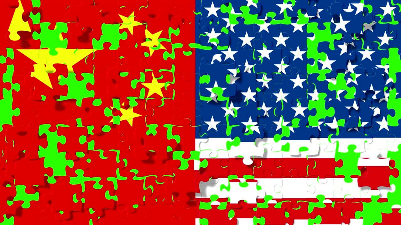 flag of the half republic of china and half usa united states of america flag on puzzle pieces background, falling down on chroma key green screen background, crisis president and china for nuclear atomic and customs duties on products tax export
