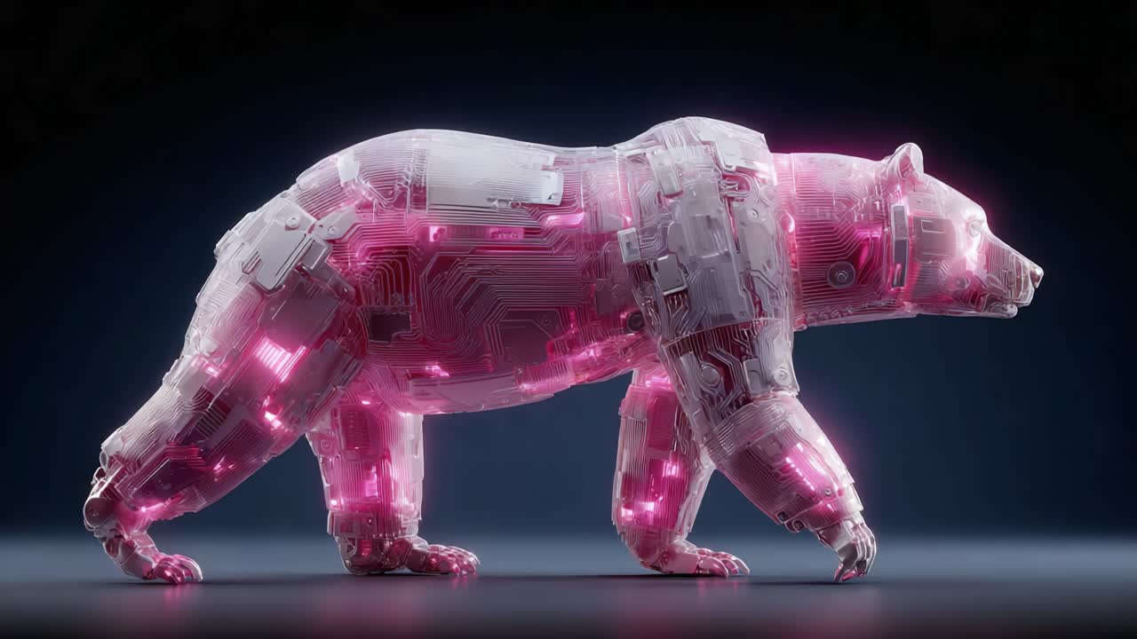 A Stunning Representation of a Cybernetic Bear, Merging Nature and Technology with Neon Pink Accents, Showcasing Advanced Robotics and Futuristic Design