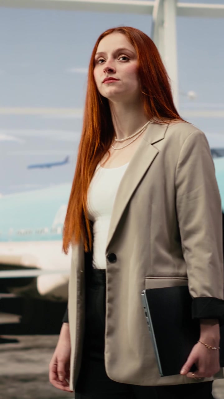 Video verticale. Donna d'affari con laptop che cammina in un hub aeroportuale, con aerei che volano sullo sfondo.