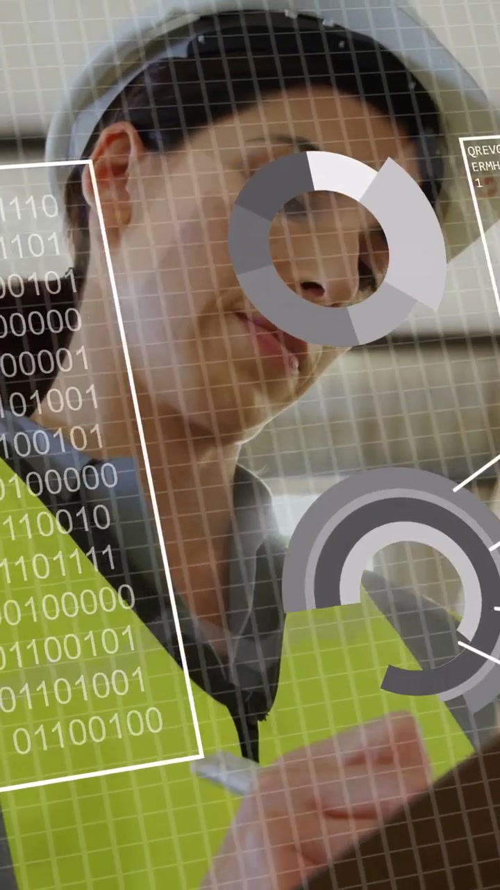 Vertical video: Inspector holding device, showing HUD, tapping tablet stylus, collecting audit data