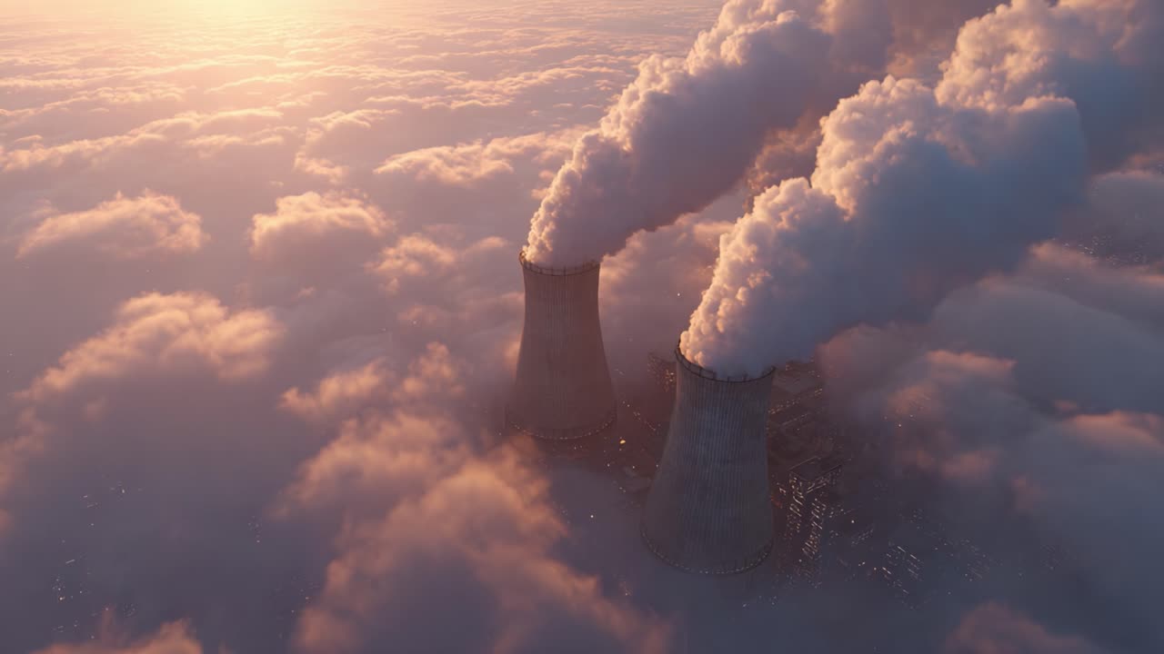 Aerial View of Industrial Chimneys Emitting Smoke Over Dense Cloud Layer at Sunrise, Showcasing Environmental Impact and Energy Generation