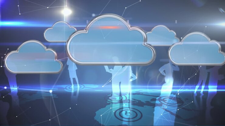 Animation of clouds and blue silhouettes of business people