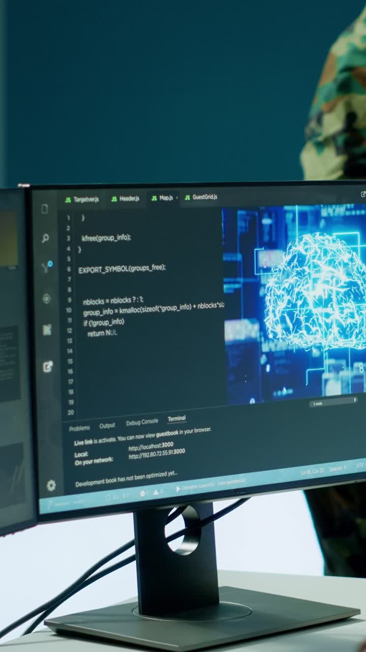 Vertical Video IT expert soldier collecting real time satellite radar data in command post
