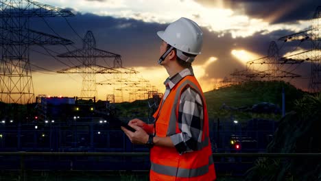 engineer at a power plant at sunset