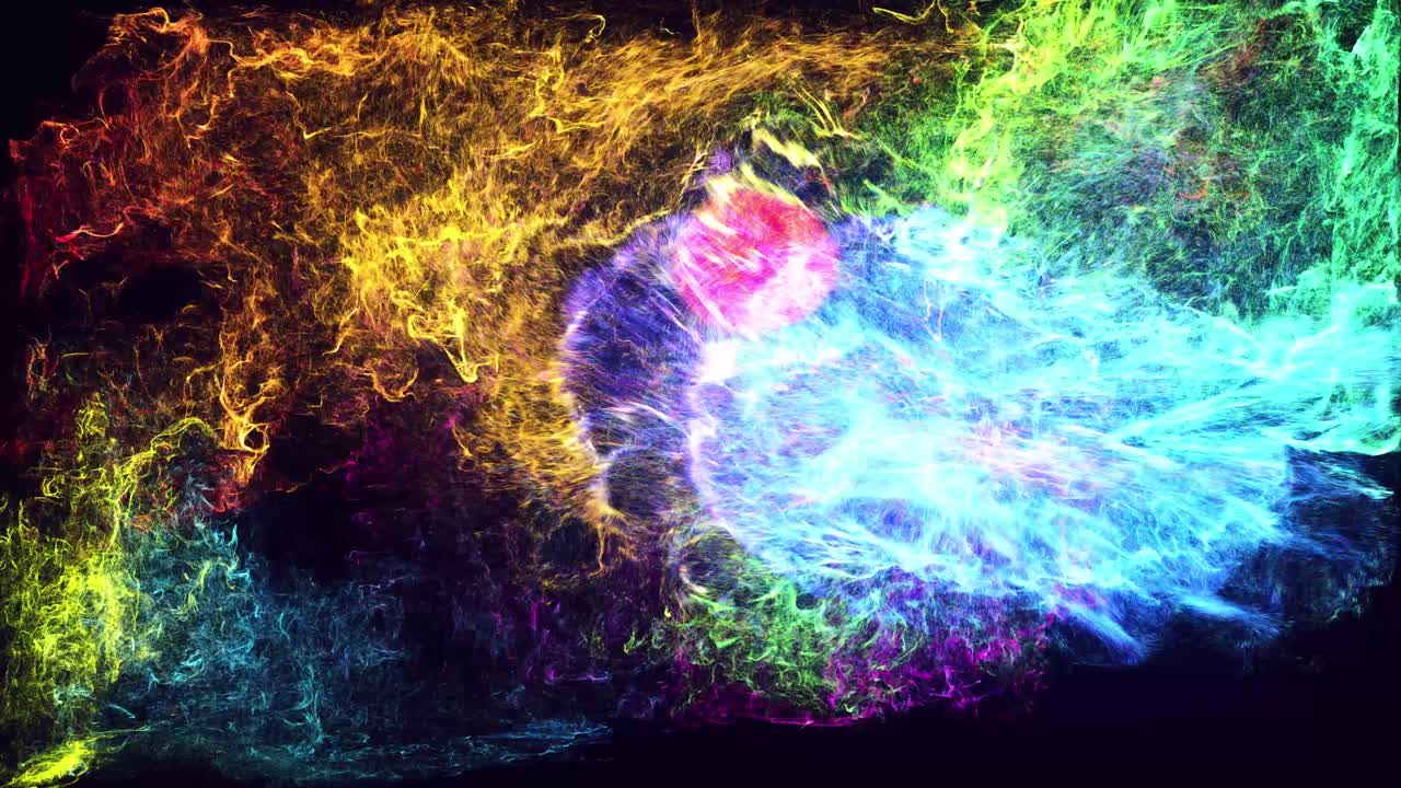 las partículas de brillo se extienden como efecto de tinta. luma mate como canal alfa. la bola emisora emite remolinos de partículas de brilla que forman rastros de luz. nube de partículas. colorido hermoso bg con partículas