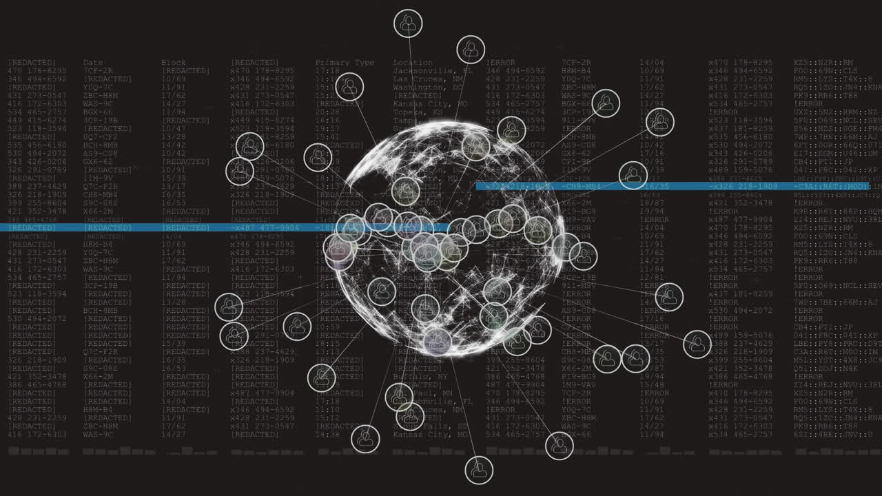 Animation of profile icons over spinning globe and data processing against black background