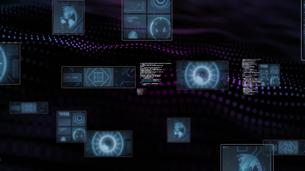 animación de escaneado de visores y procesamiento de datos en fondo oscuro