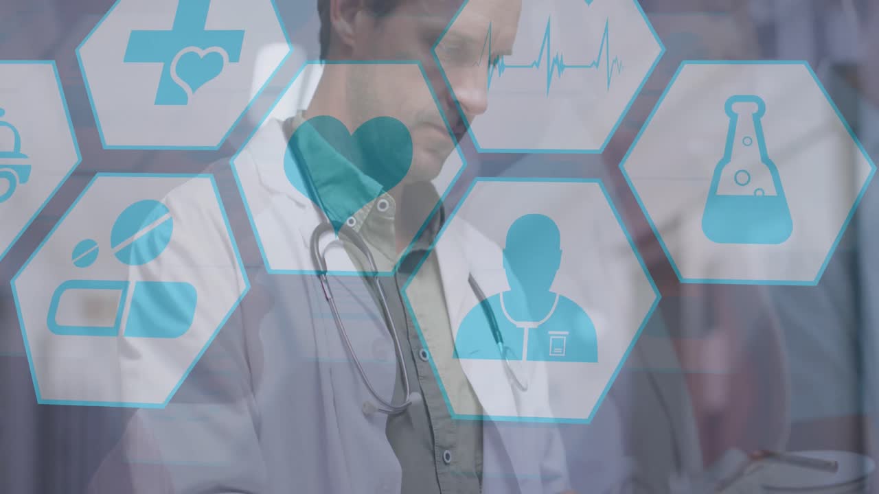 백인 남성 의사에 대한 연결 네트워크와 의료 아이콘의 애니메이션