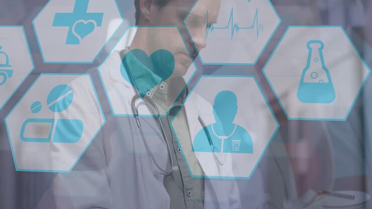 Animación de red de conexiones e iconos médicos sobre un médico caucásico
