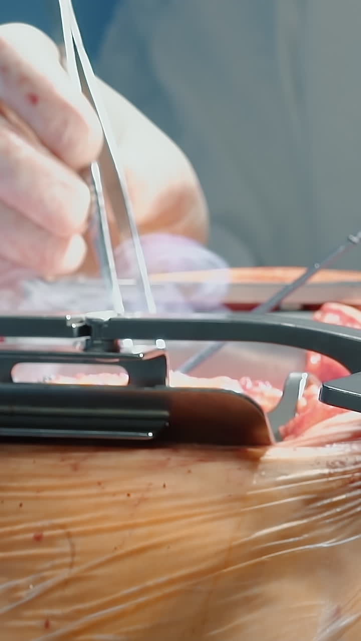 el médico opera el corazón del paciente con un bisturí láser de primer plano. el cirujano opera con fórceps y cortador durante la cirugía de derivación de la arteria coronaria en el hospital