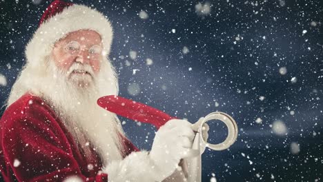 Weihnachtsmann-Schreibt-Auf-Papier-Mit-Einer-Feder,-Kombiniert-Mit-Fallendem-Schnee