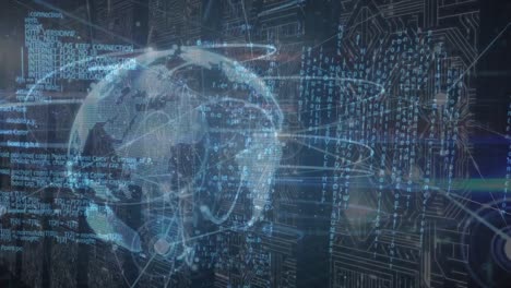 animation of globe and data processing over columns with computer circuit board