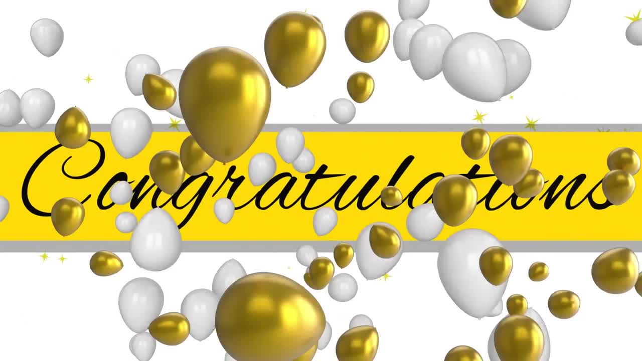 animación de felicitaciones texto sobre globos sobre fondo blanco