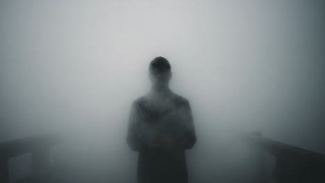 mysterious figure shrouded in fog: an enigmatic presence captured in ethereal atmosphere surrounded by dense mist and evocative shadows