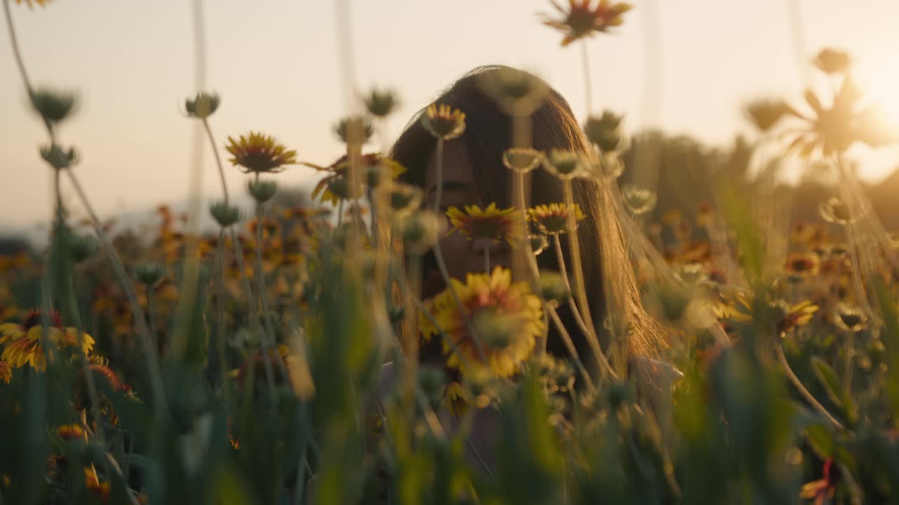 해가 지는 꽃에 있는 여자