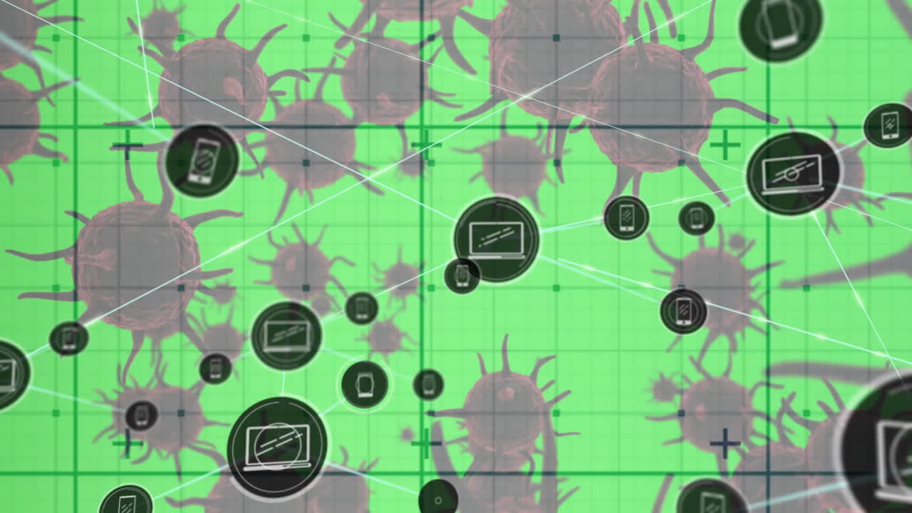 녹색 배경에 있는 여러 코로나19 세포에 대한 그리드 네트워크를 통한 디지털 아이콘 네트워크