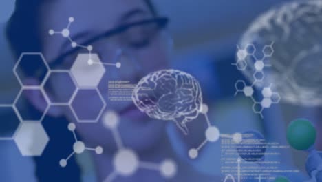 animação de processamento de dados científicos e cérebros humanos sobre cientista caucasiana