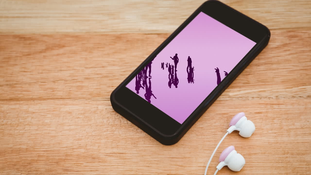 animación de un teléfono inteligente que muestra siluetas de personas en una fiesta en la pantalla